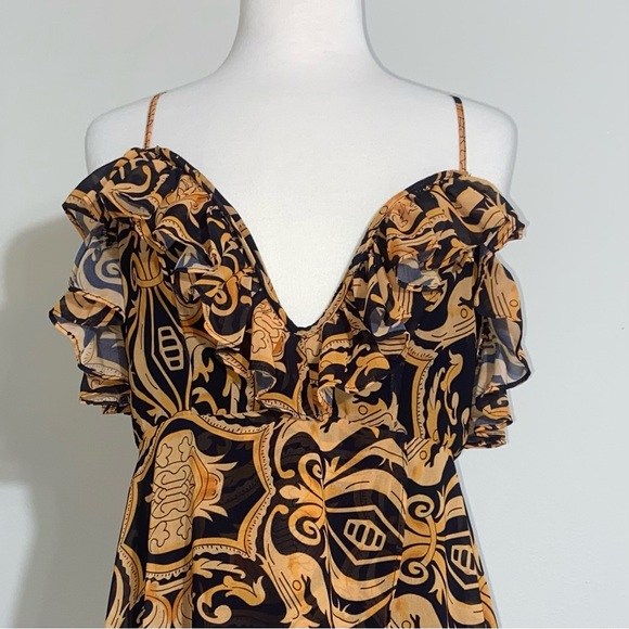 Akira Baroque Gold Black Plunging Neck Ruffled Maxi High Low Dress L Large - Picture 3 of 15